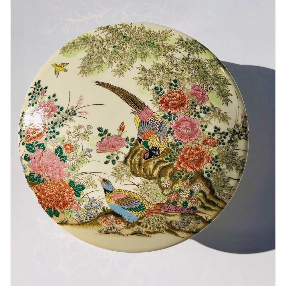 VINTAGE JAPANESE PILLS/JEWELRY 4.4" DIAMETER X 1.5" BIRDS, FLOWERS AND ROSES